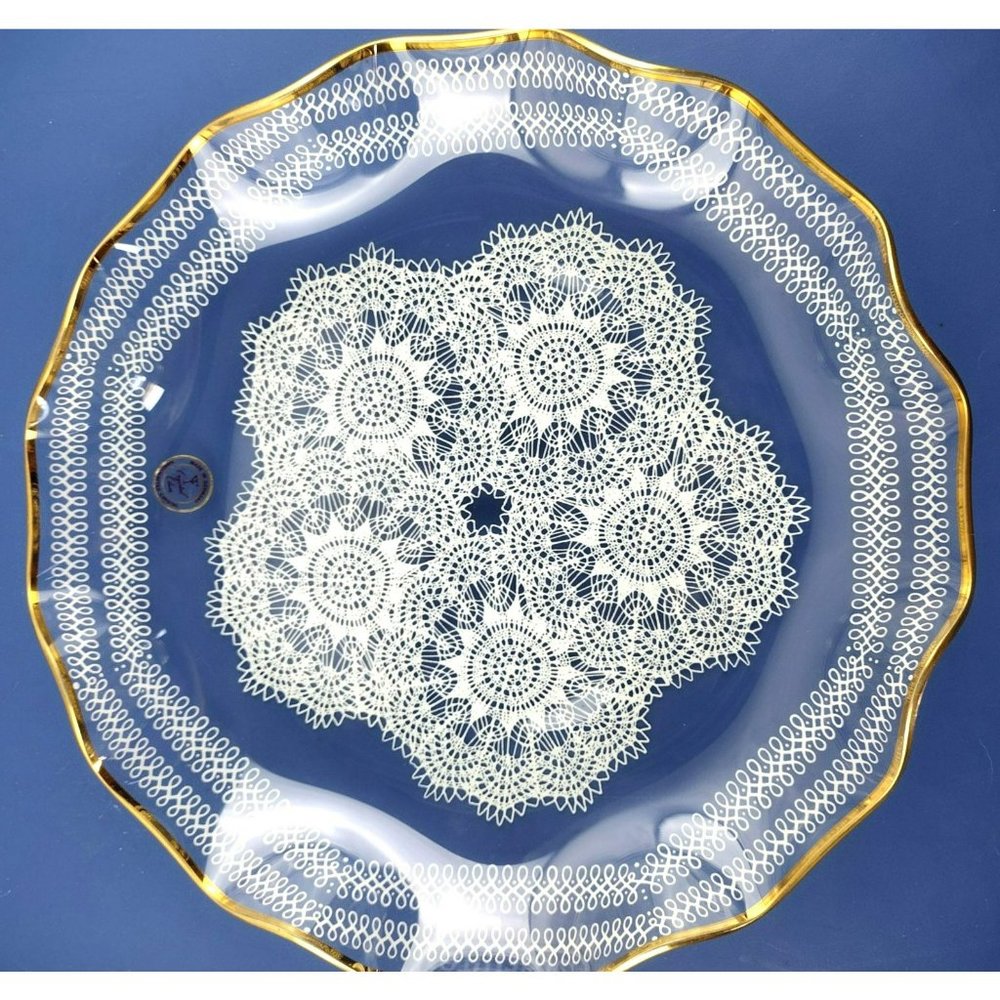 Vintage German Crystal Platter Handcrafted White Etching Doily Pattern Gold Trim